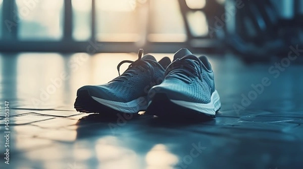 Fototapeta Pair of light gray athletic shoes on a tiled floor.