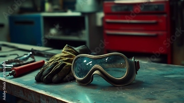 Fototapeta Dusty safety glasses and work gloves on a workbench.