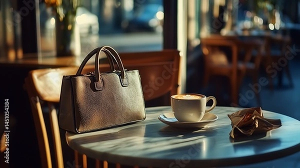 Fototapeta Stylish handbag and coffee on a cafe table in the sunlight.