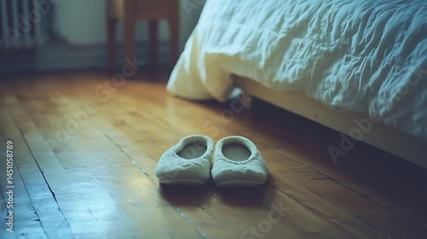 Fototapeta A pair of soft slippers resting on a wooden floor.