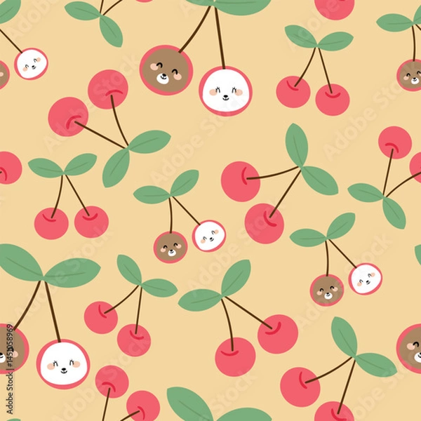 Fototapeta Seamless pattern with cute cartoon bear and cherry, for fabric prints, textiles, gift wrapping paper. children's flat and colorful style
