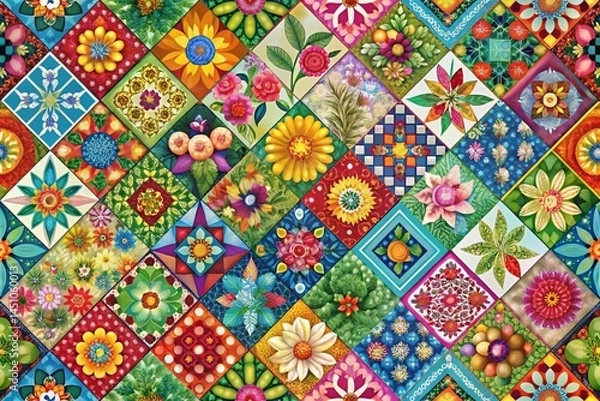 Fototapeta collection of floral patterns, arranged in a beautiful patchwork style, perfect for textiles, wallpapers, and home decor