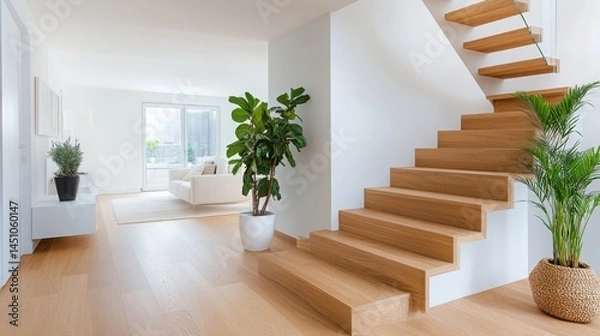 Fototapeta Modern Interior Design Featuring Minimalist Staircase and Greenery Plant