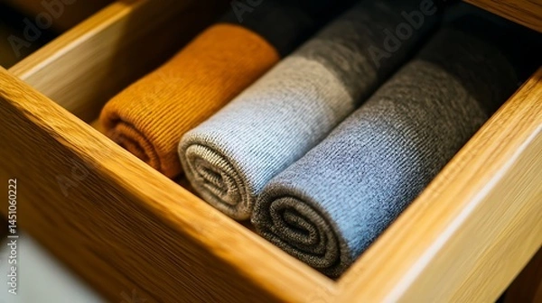 Fototapeta Rolled sweaters neatly organized in a wooden drawer.