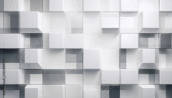Fototapeta abstract white background featuring layered geometric shapes and glossy squares in white and grey tones