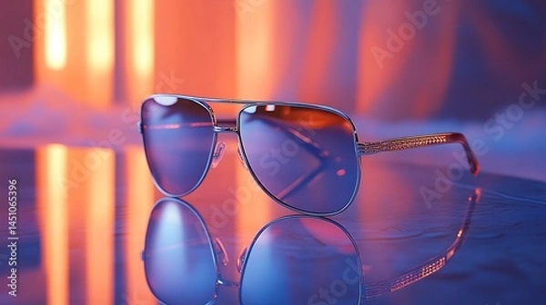Fototapeta Close-up view of stylish aviator sunglasses reflecting vibrant colors.