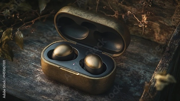 Fototapeta Golden wireless earbuds case on a rustic wooden surface.