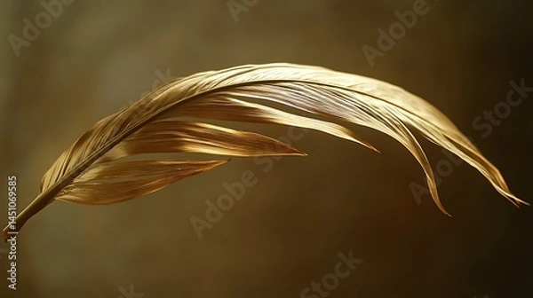 Fototapeta Detailed close-up of a golden-hued bird feather.