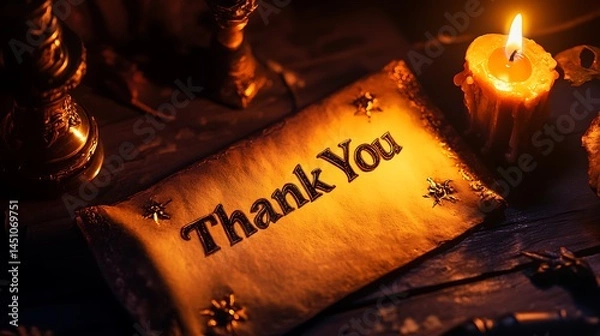 Fototapeta Vintage scroll with thank you message in warm light.