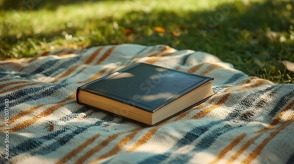 Fototapeta Closed book resting on a patterned blanket outdoors.