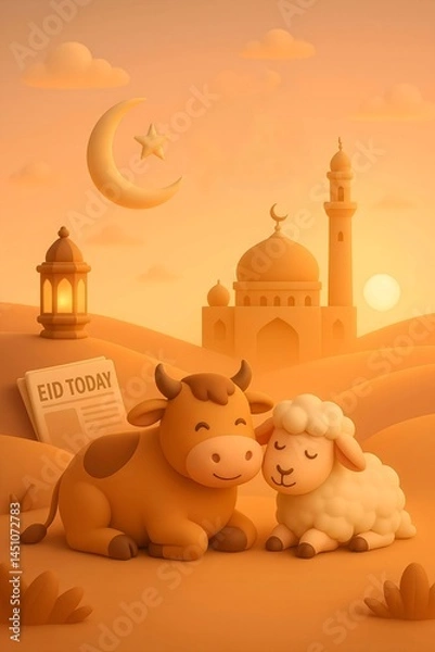 Fototapeta 3D rendered Cow and Sheep resting peacefully in a desert landscape with a mosque and crescent moon, symbolizing Eid al-Adha celebrations and Islamic harmony.