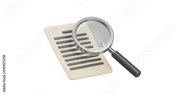Fototapeta Paper sheet with magnifying glass in 3D style isolated on white background, ideal for file searching, research visuals, auditing tools, and investigative digital content illustrations