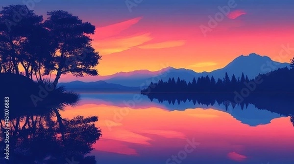 Fototapeta Colorful sunset reflected on tranquil lake, silhouetted trees and mountains.