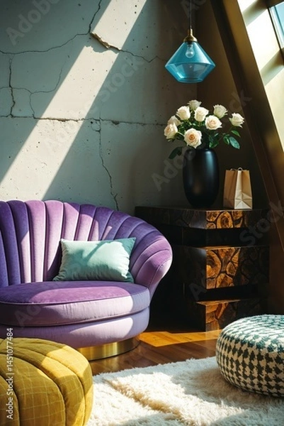 Fototapeta Generative AI, Neo art deco loft with velvet sofa and sunlight
