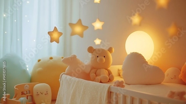 Fototapeta Cozy nursery decorated with soft lighting and celestial accents.