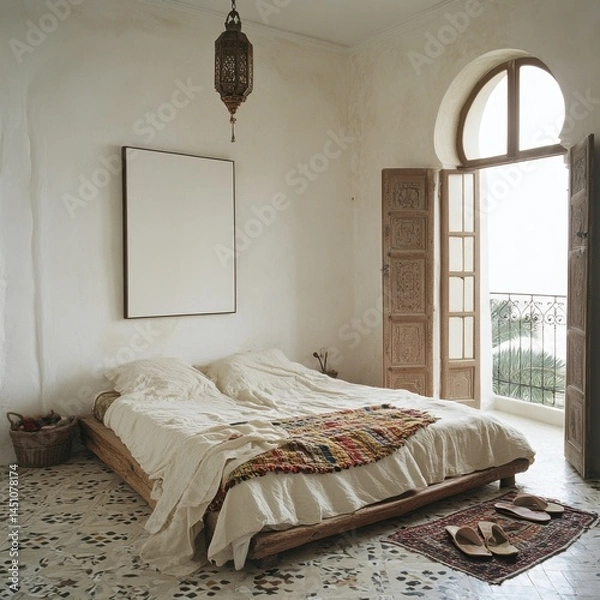 Fototapeta A bed with a white sheet and a red and yellow blanket. A basket is on the floor next to the bed