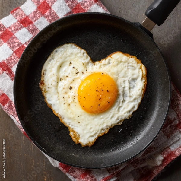 Fototapeta heart-shaped fried egg on a frying pan