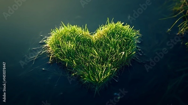 Fototapeta Heart-shaped patch of grass floating on water.