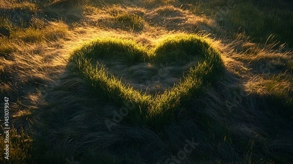 Fototapeta Heart-shaped meadow design illuminated by golden light.