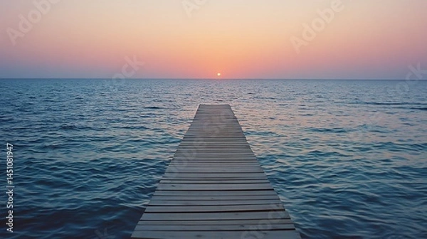 Fototapeta Peaceful wooden dock extending into a tranquil ocean at sunset.