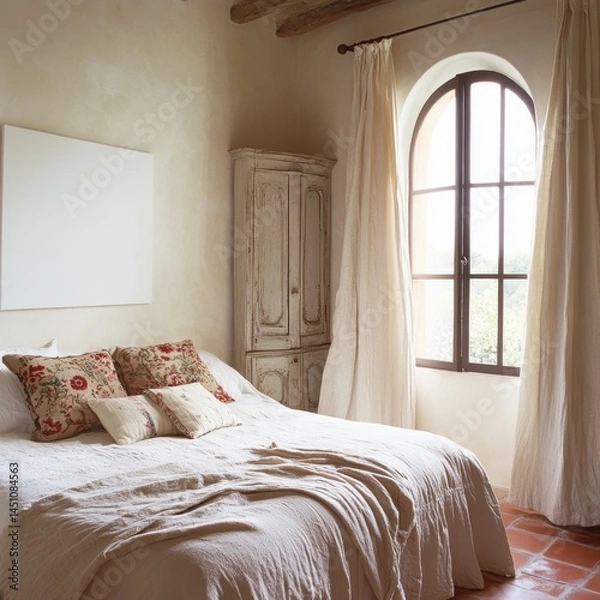 Fototapeta A bed with white sheets and pillows. A white cabinet with a window in the back. A window with curtains