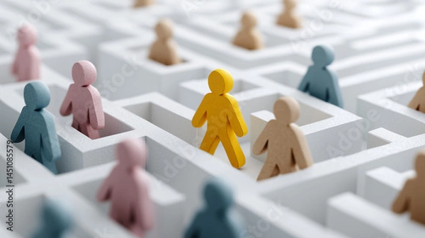 Fototapeta illustration one bright colored figure leading a group of muted figures through a maze, isolated on white background