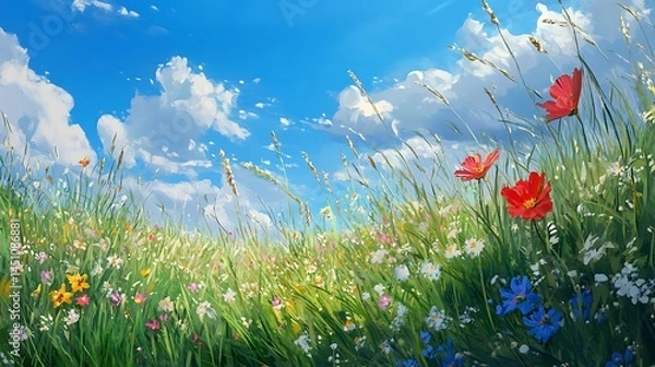 Fototapeta Vibrant meadow scene under a summer sky.