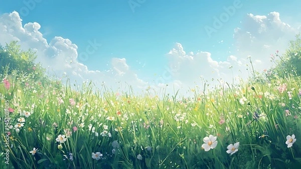 Fototapeta Lush meadow field with vibrant wildflowers under a brilliant sky.