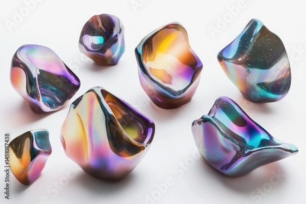 Fototapeta Iridescent glass sculptures catch light, displaying vibrant hues in organic, asymmetrical forms against a crisp white backdrop, radiating modern artistic flair.