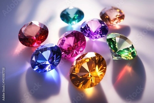 Fototapeta A dazzling display of vibrant, faceted gemstones scatters light, showcasing their clarity and brilliance on a pristine white surface, creating an enchanting allure.