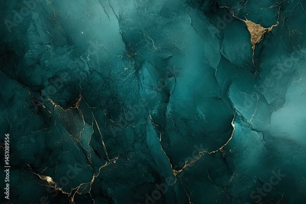 Obraz Deep teal and gold marbled surface with dramatic veining.  Intricate patterns of dark teal, and gold highlights create a visually striking texture