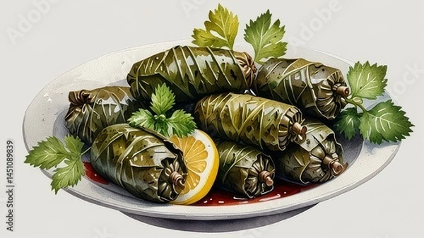 Obraz Delicious Stuffed Grape Leaves with Lemon and Olives Authentic Mediterranean Cuisine
