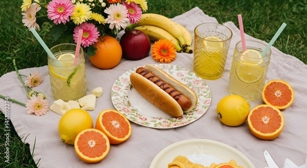 Fototapeta Charming picnic with hot dogs on a floral plate — fresh flowers, fruits and lemonade in a sunny and romantic setting with a light and vibrant atmosphere.