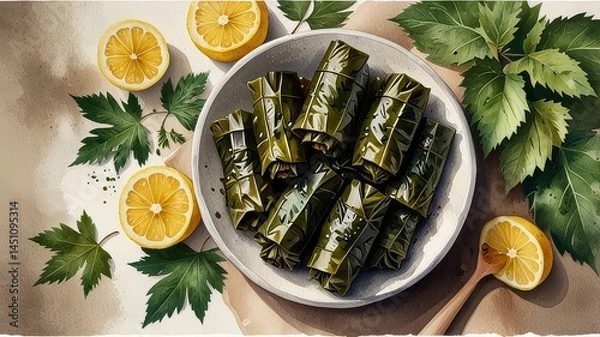 Obraz Delicious Stuffed Grape Leaves with Lemon and Olives Authentic Mediterranean Cuisine
