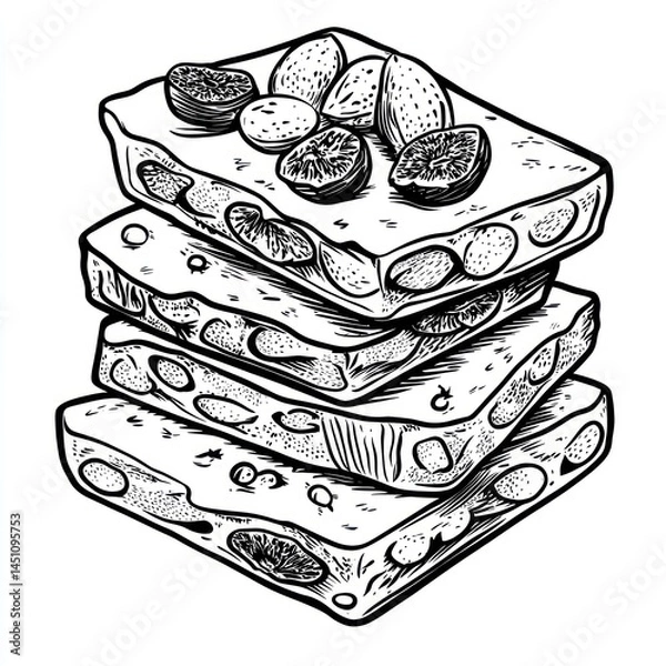 Fototapeta Stack of four delicious, hand-drawn nougat bars with almonds and figs.