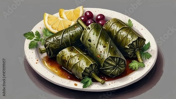 Obraz Delicious Stuffed Grape Leaves with Lemon and Olives Authentic Mediterranean Cuisine