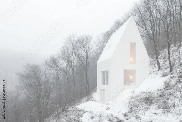 Fototapeta Minimalist white house nestled in snowy mountainside.  Surrounded by fog and trees, a small, modern home with prominent windows is visible