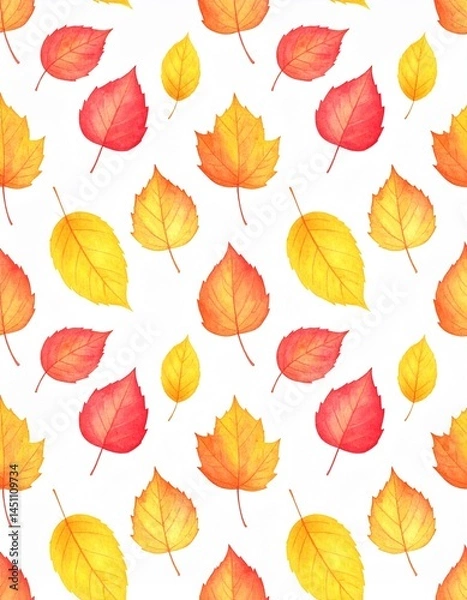 Fototapeta watercolor seamless pattern with red and yellow autumn leaves hand painted fall foliage illustration on white background