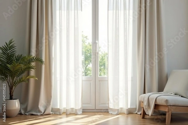 Fototapeta Simple linen curtains, soft white, natural light , visual, product photography