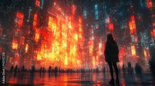 Fototapeta Woman stares at luminous futuristic city skyline with crowds of people below, red orange glow, dark silhouettes on a transparent background, PNG image, PNG file.