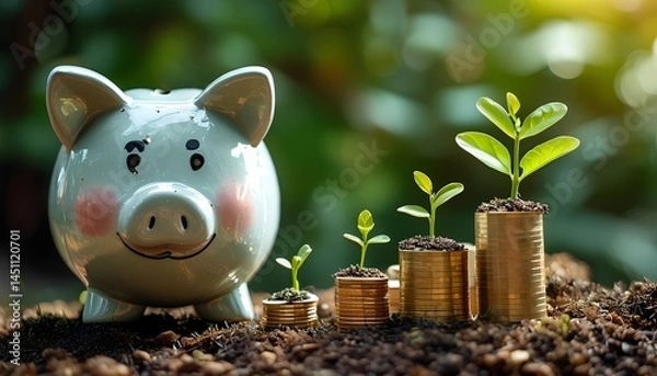 Fototapeta Financial growth action piggy bank and coin plants natural setting close-up view wealth concept for prosperity