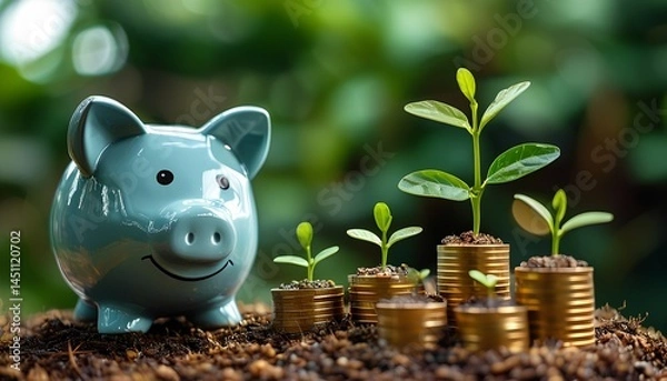 Obraz Investment growth strategies exploring financial success with piggy bank and plants in nature