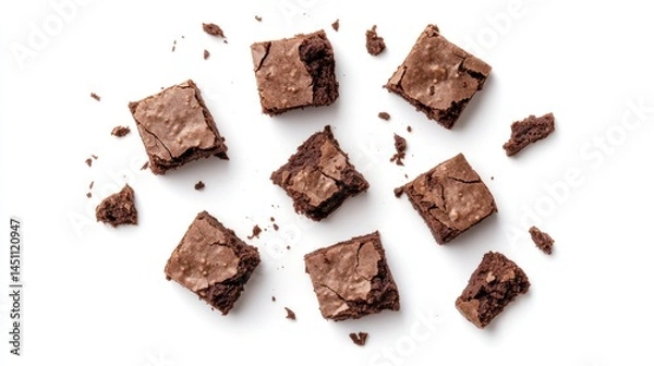 Fototapeta Delicious chocolate brownies, broken pieces scattered on white background.
