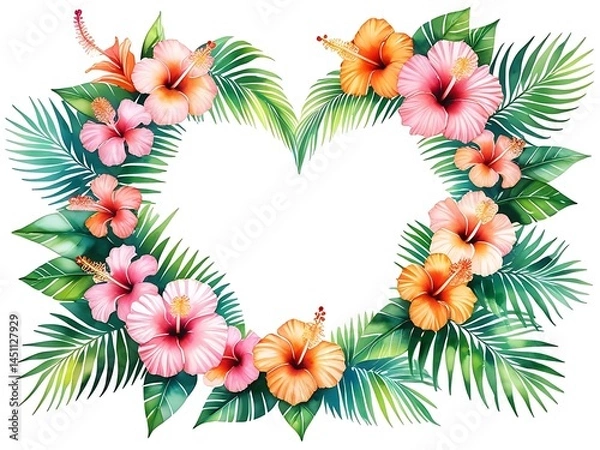 Fototapeta Heart-Shaped Hibiscus Floral Frame – Summer Watercolor Style