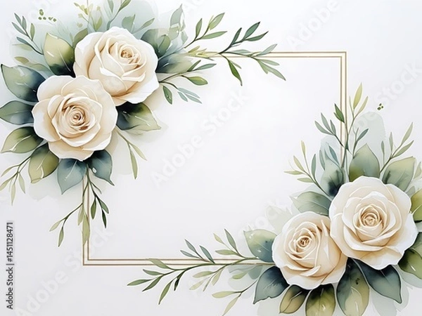 Fototapeta Ivory Rose Corner Floral Frame – Watercolor Illustration