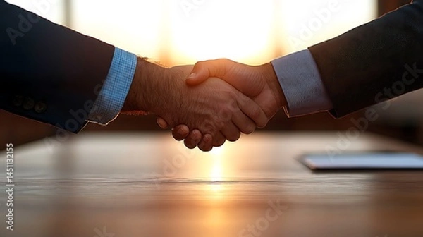 Fototapeta Two Individuals Shaking Hands Across a Desk at Sunset
