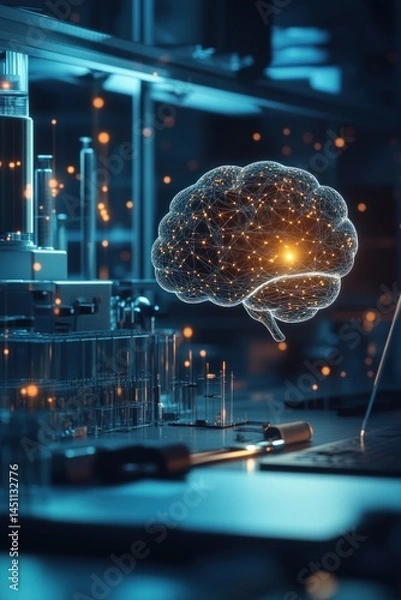 Obraz Futuristic Human Brain Vector with Technology and City Lights

