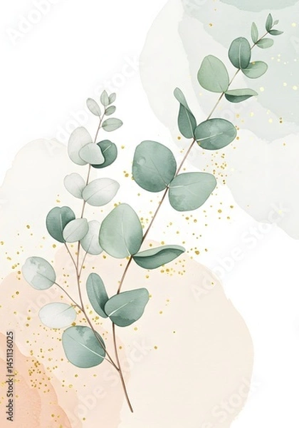 Obraz Delicate eucalyptus branches with watercolor textures, evoking a sense of serenity and natural beauty, perfect for backgrounds and minimalist design