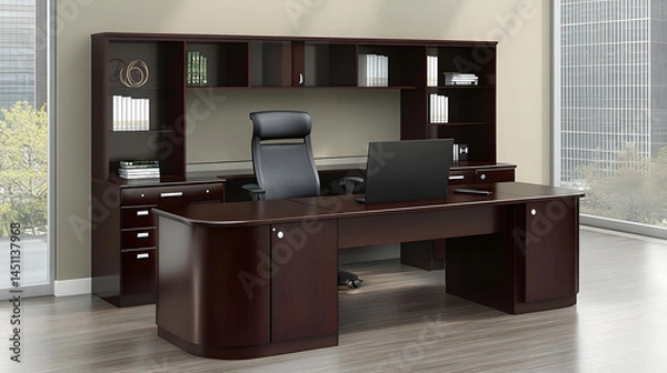 Obraz Modern Office Desk Setup with Hutch