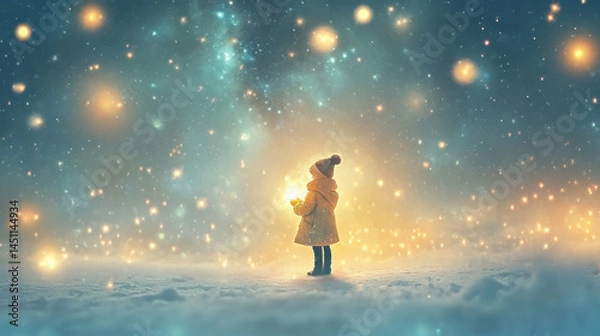 Fototapeta Enchanting winter night scene with a person in warm coat standing among glowing lights and falling snow under a starry sky creating a magical festive atmosphere